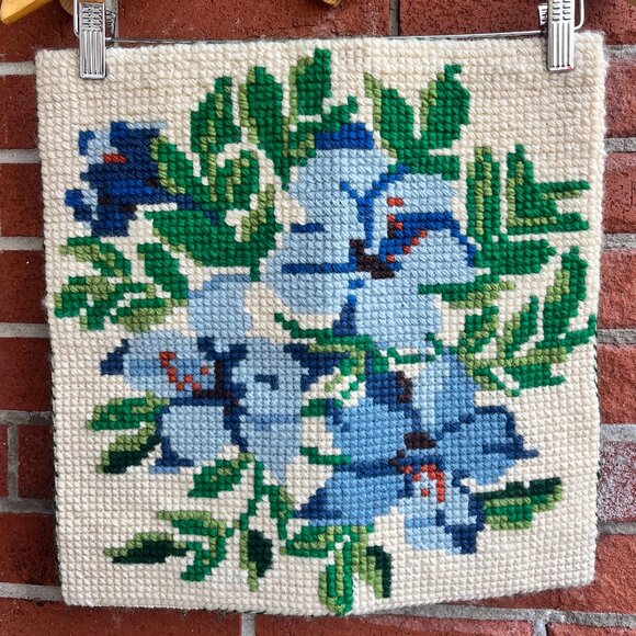 Vintage Needlepoint Floral Cushion Cover - Blue and White Florals - Picture 1 of 4